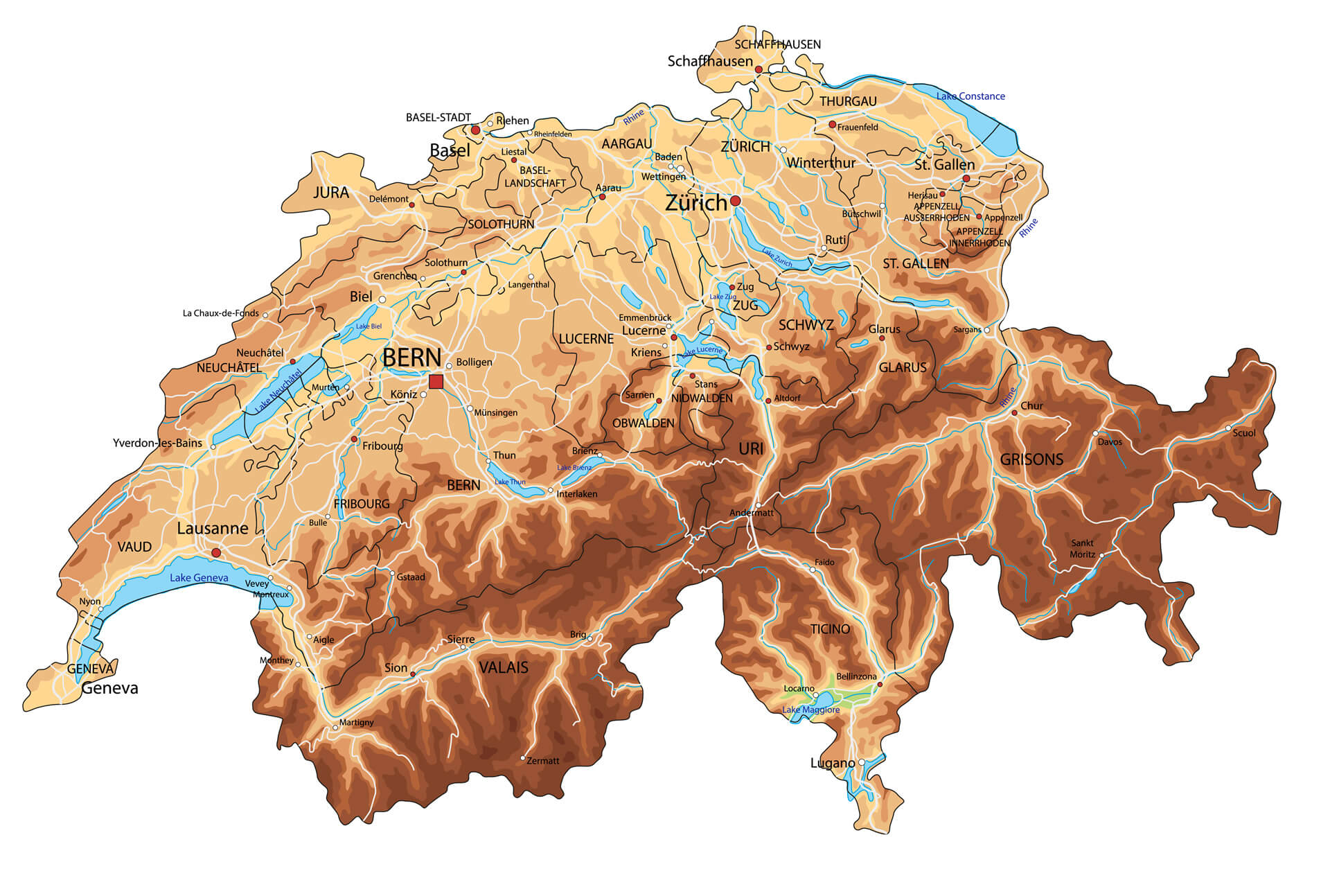 High detailed Switzerland physical map with labeling